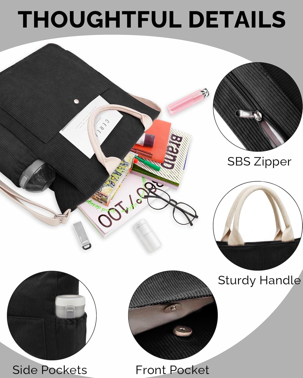 Corduroy Tote Bag for Women with Zipper, Large Capacity Shoulder Bags with Adjustable Strap and Pockets Waterproof Handbag for Work School Shopping Travel College