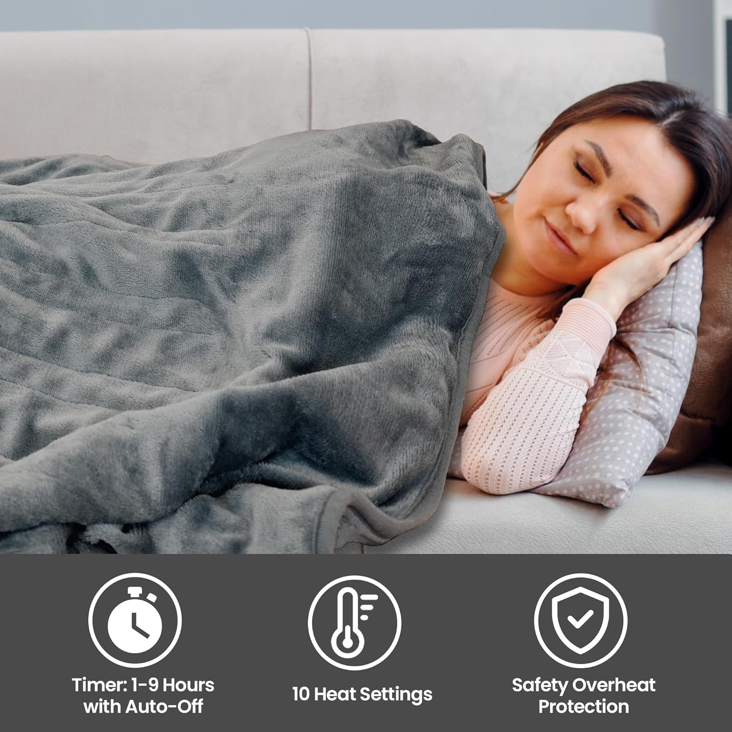 Grey Soft Heated Warm Throw over Blanket with Timer and 10 Heat Settings 120X160Cm