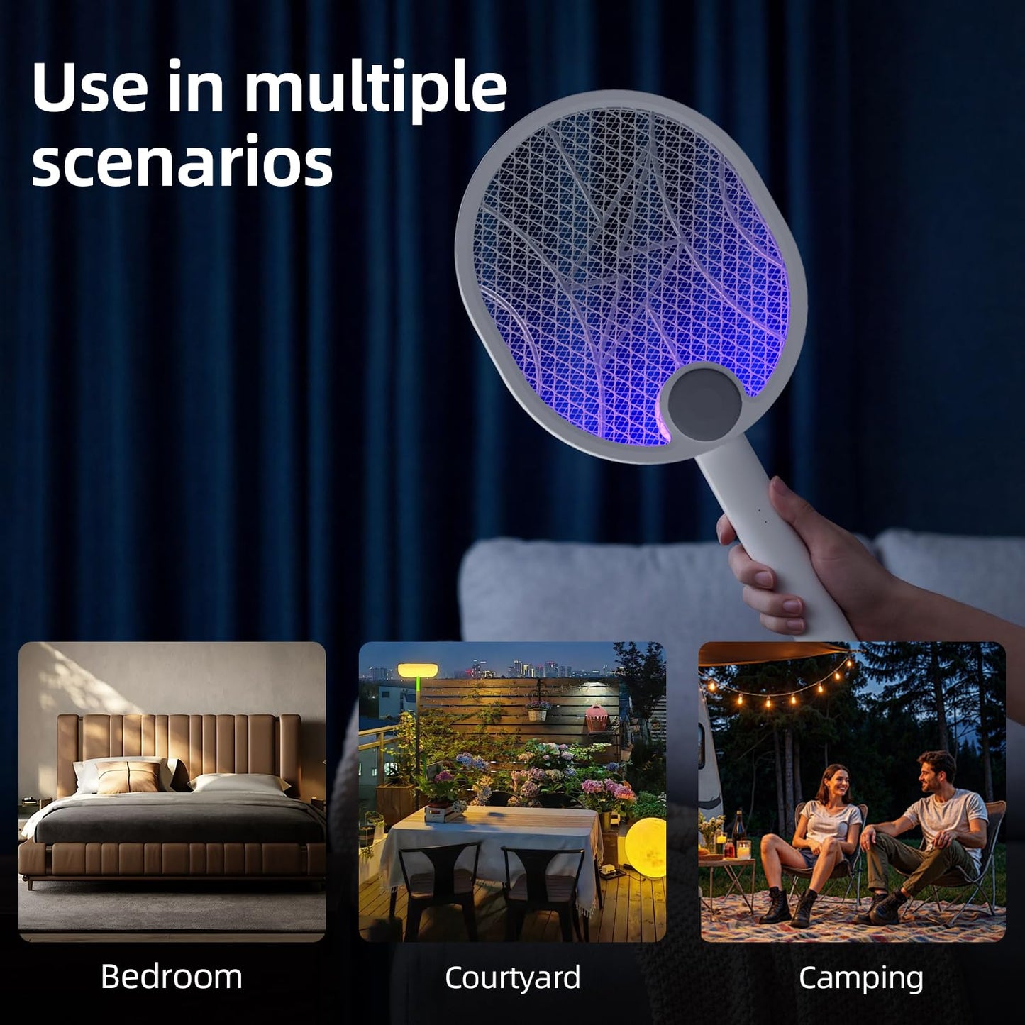 Electric Fly Swatter,4000V Electric Mosquito Swatter with 180-Degree Rotatable Head,Rechargeable 1500Mah Battery Fly Zapper, Portable Insect Killer for Home, Camping & Outdoor, Fly Zapper （White）