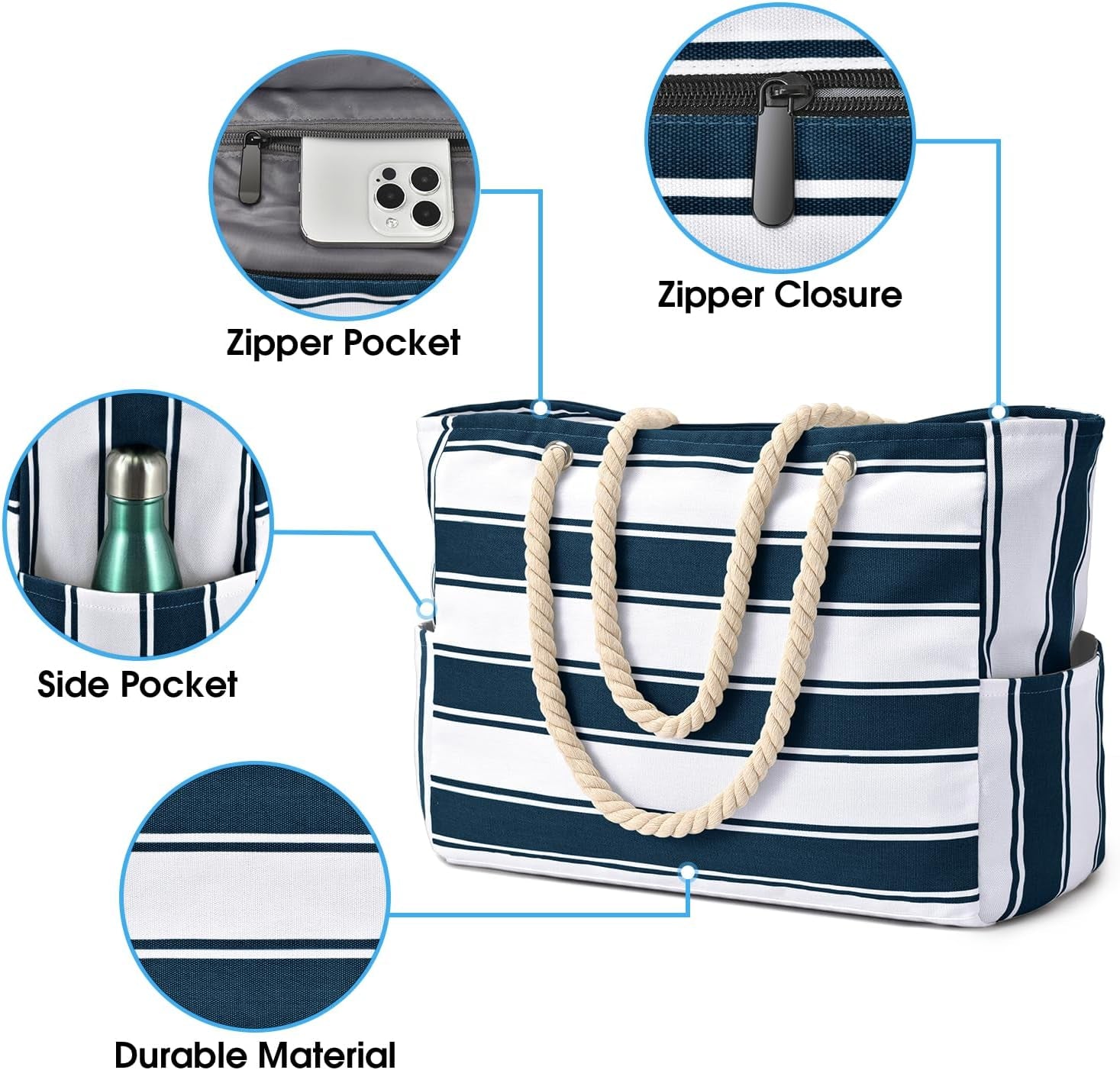 Beach Bag Large Waterproof Beach Tote Bags with Zip and Rope Handle Summer Holiday Essentials Shoulder Handbags for Travel Shopping Pool Gym Picnic