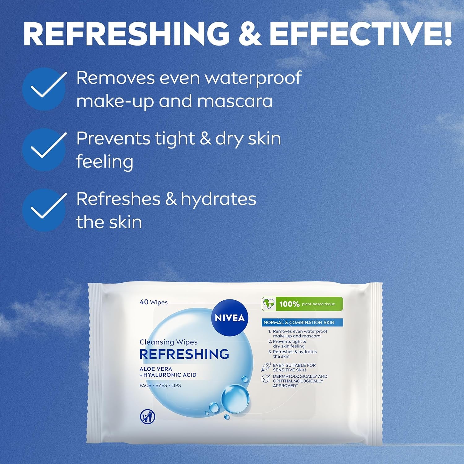 Refreshing 3-In-1 Cleansing Face Wipes for Normal Skin (25 Sheets), Plant-Based Makeup Wipes, Gentle yet Effective Face Cleanser with Aloe Vera and Hyaluronic Acid