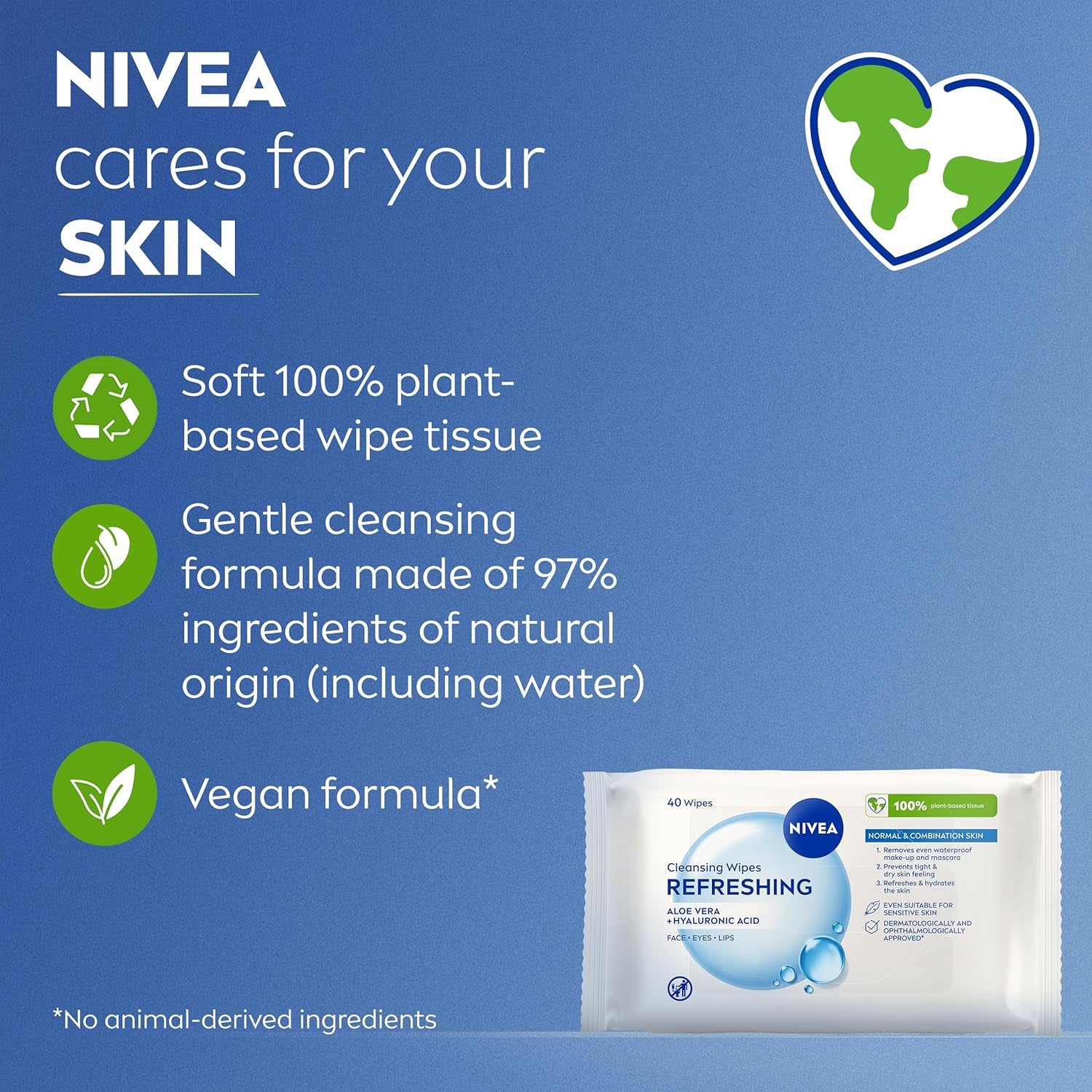 Refreshing 3-In-1 Cleansing Face Wipes for Normal Skin (25 Sheets), Plant-Based Makeup Wipes, Gentle yet Effective Face Cleanser with Aloe Vera and Hyaluronic Acid