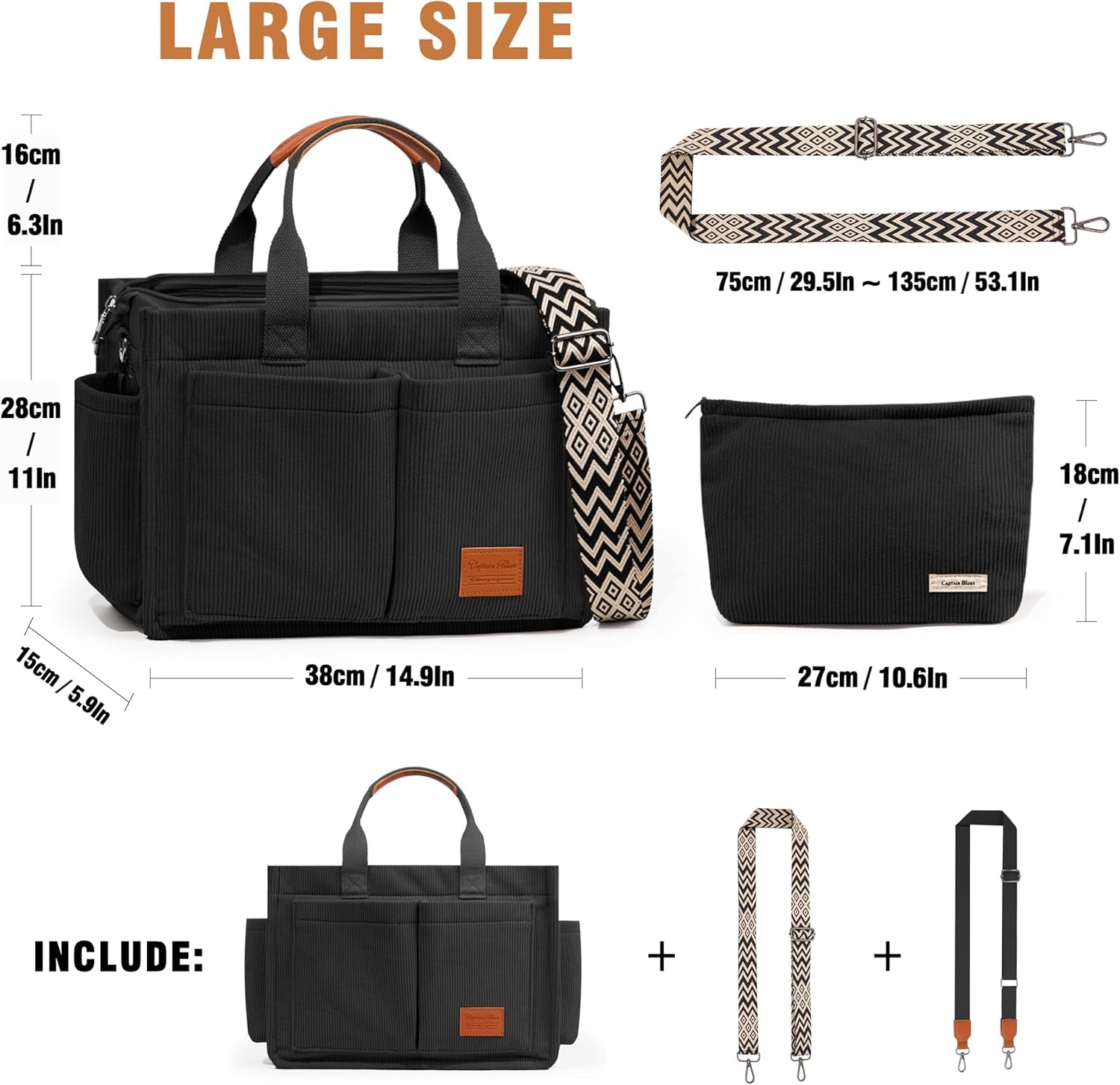 Corduroy Tote Bags for Women with Zipper, Large Capacity Work Bags Shoulder for School, Travel, College, Teacher with Adjustable Strap & Pockets