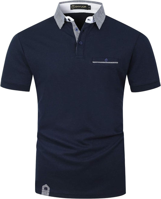 Men'S Short Sleeve Polo Shirts Classic Plaid Splice Golf Tennis T-Shirt