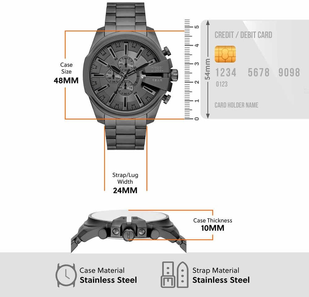 Diesel Mega Chief Slim Watch for Men, Chronograph Movement with Stainless Steel or Leather Strap
