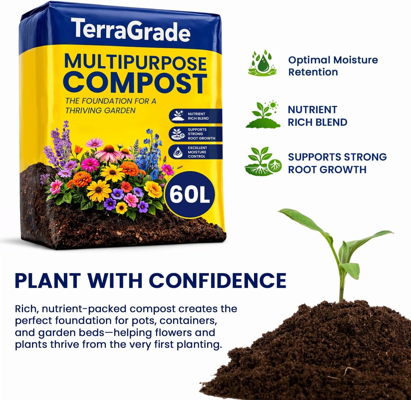 Terragrade Multipurpose Compost 60L | Premium Potting & Garden Soil for Indoor & Outdoor Plants | Nutrient Rich Compost for Vegetables, Seeds, Seedlings & Houseplants | Moisture Retentive Root Boostin