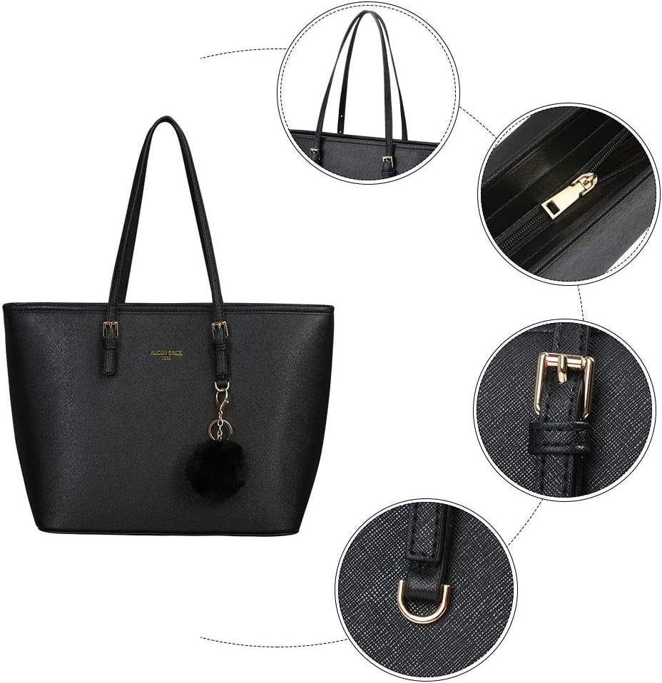 Women Handbag Tote Bag, 15.6 Inch PU Leather Shoulder Bag Laptop Bags with Adjustable Handle, Lightweight Stylish Designer Large Black Handbags for School Work Travel
