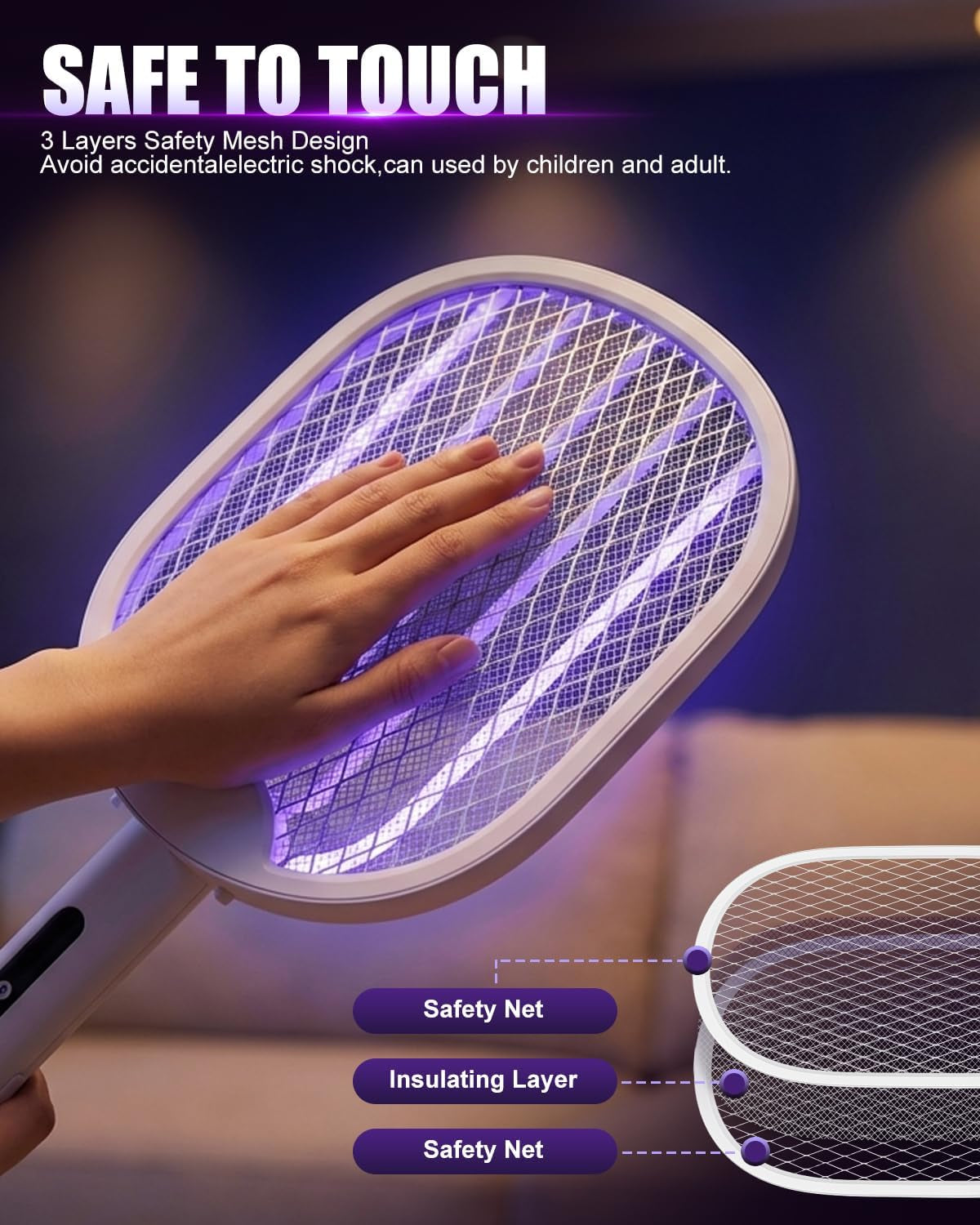Fly Zapper, Foldable Electric Mosquito Swatter 4000V, 1800Mah Rechargeable Bug Zapper Racket with Auto & Manual Mode, 180° Portable Mosquito Killer, Safe 3-Layer Mesh for Indoor & Outdoor Use