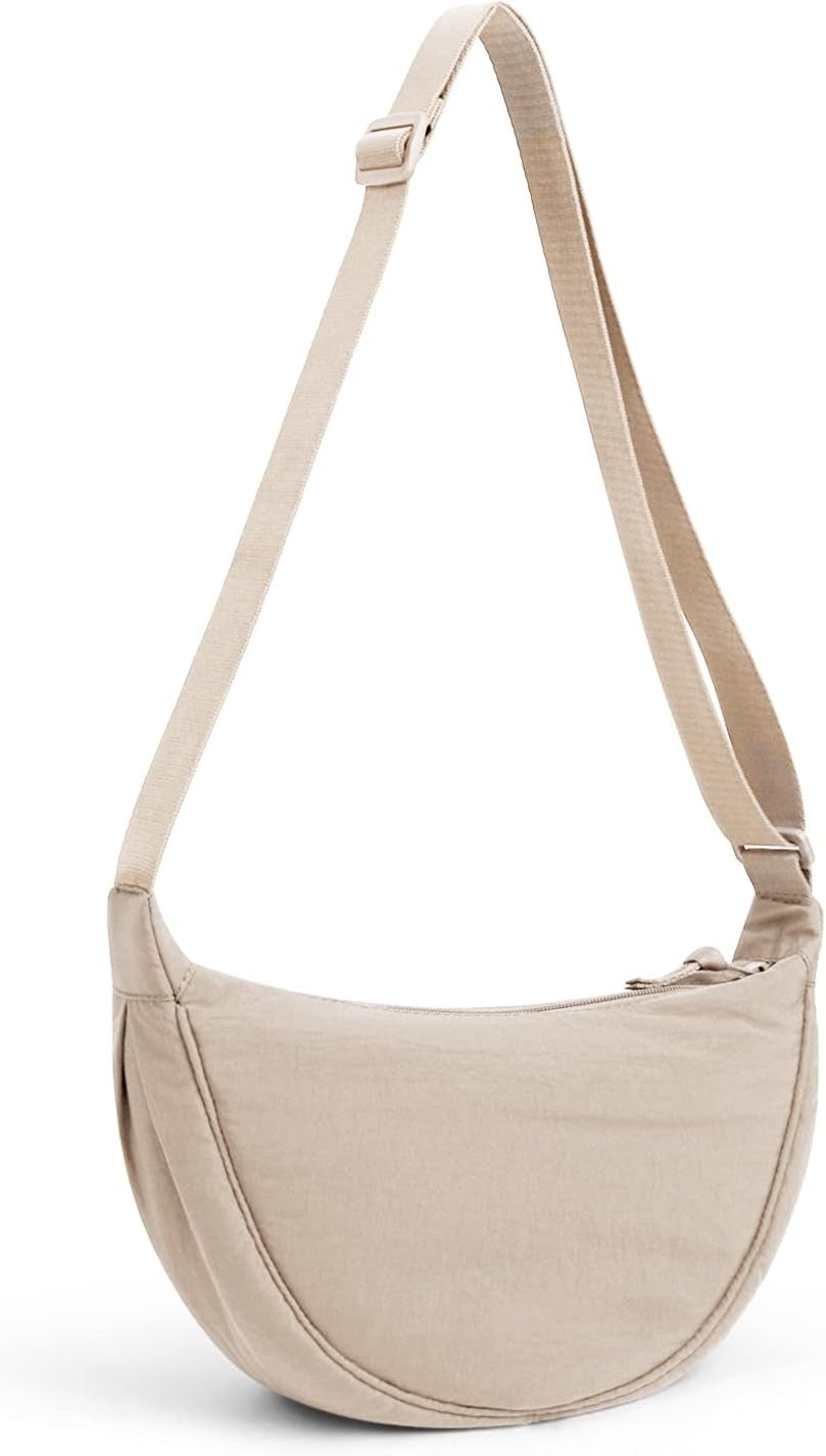 Crescent Bag for Women Men, Nylon Crescent Bags Hobos Crossbody Bag Portable Crescent Purse with Adjustable Strap Solid Color Chest Bag Shoulder Bag Fanny Packs, A02-Beige, 31Cm