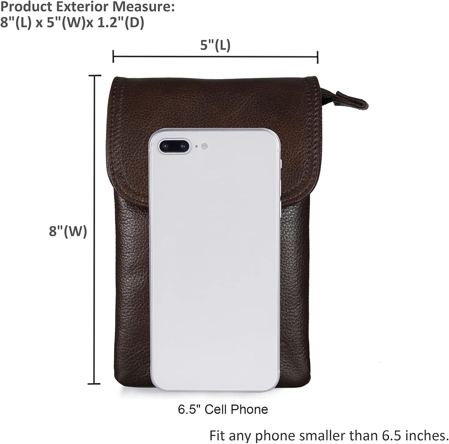 Genuine Leather Phone Bag, Real Leather Phone Purse Wallet, Small Cell Phone Cross Body Bag for Women with Long Strap and Key Ring - Fit 8 plus or Phone Less 6.5 Inch