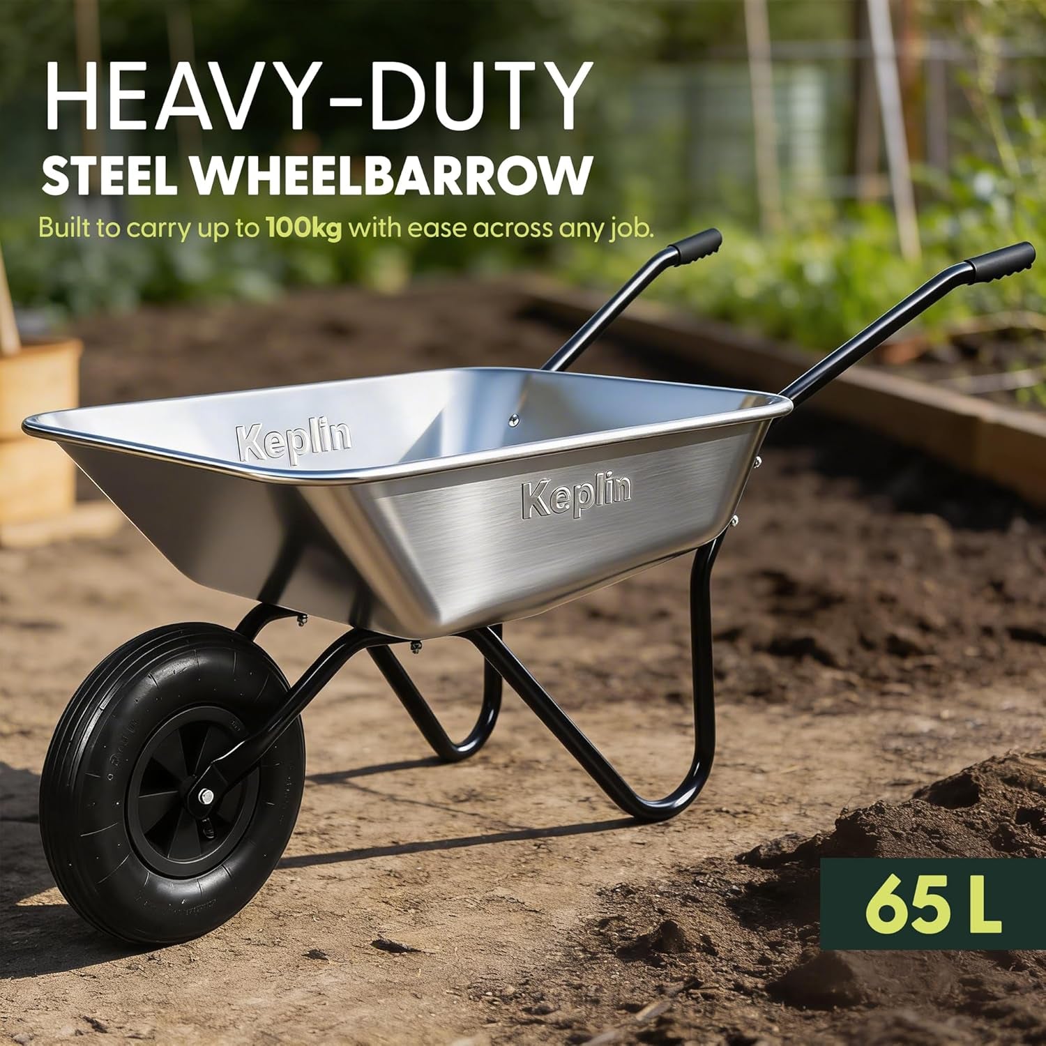 65L Garden Wheelbarrow with Pneumatic Tyre – Single Wheel Steel Garden Barrow Supports 100Kg Load Capacity, Heavy Duty Wheelbarrow for Soil, Compost, Tools & Outdoor Gardening Tasks