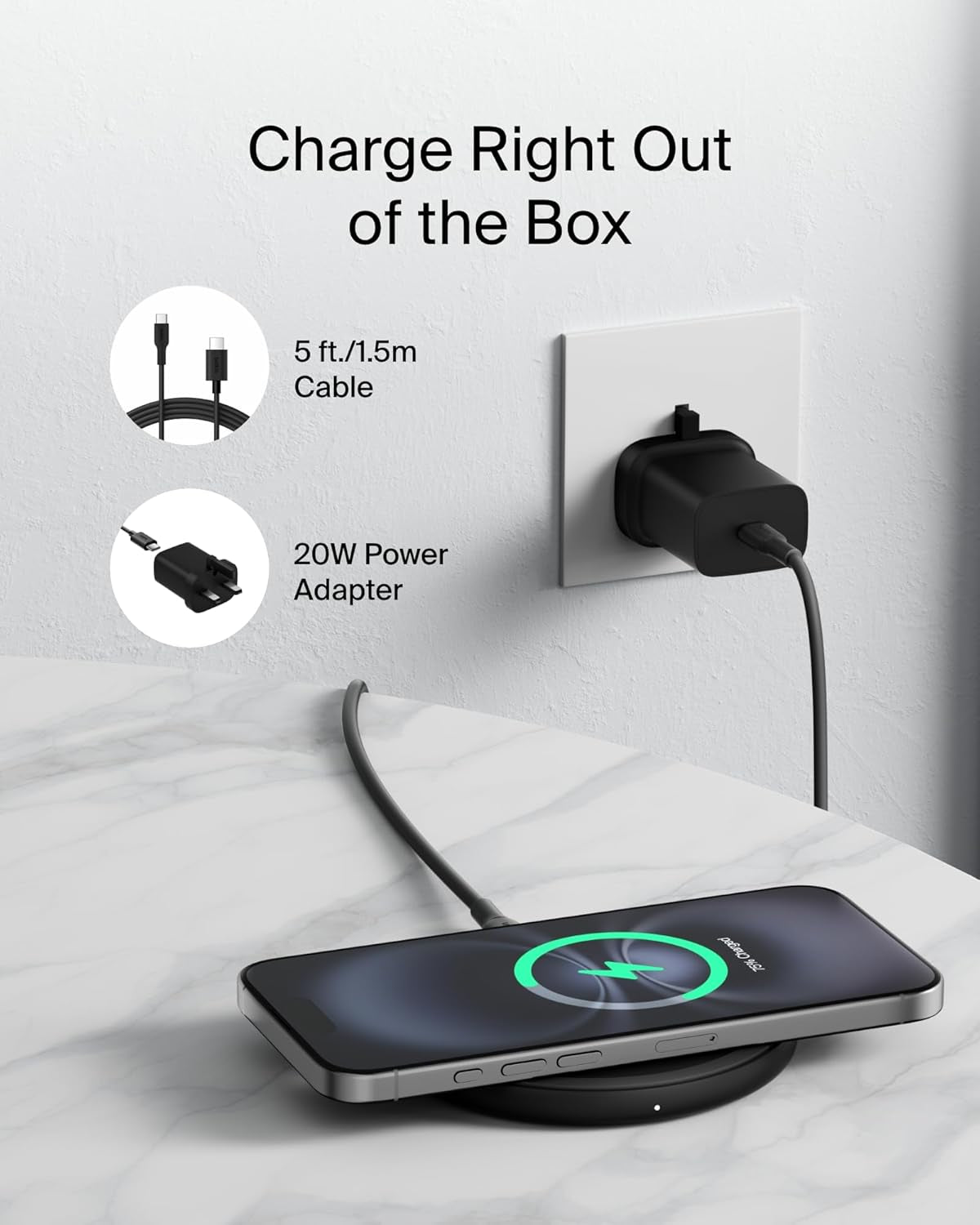 Wireless Charging Pad 15W - Qi Charger, Charging Station for Apple Iphone 17, Air, 16, 15, 14, 13, 12 Series, Airpods, Samsung Galaxy, Google Pixel - 1.5M Cable Included (No PSU) - Black