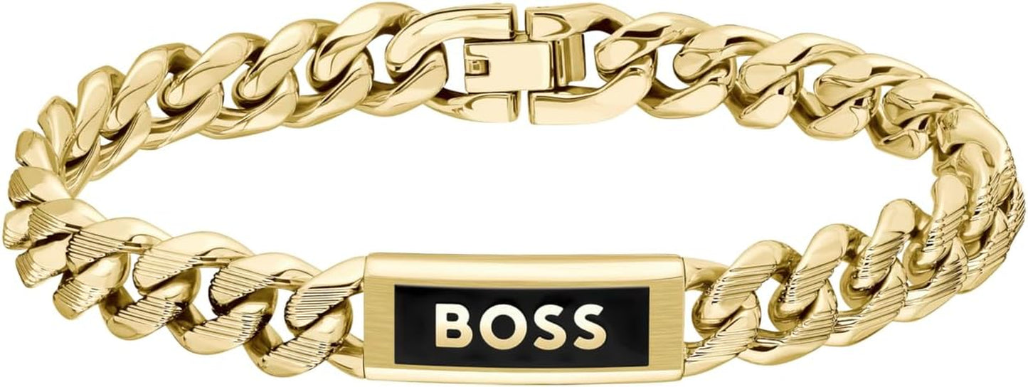 BOSS Jewelry Men'S KASSY EMBLEM Collection Chain Bracelet in Stainless Steel with a Black Enamel Pendant – Available in Different Sizes