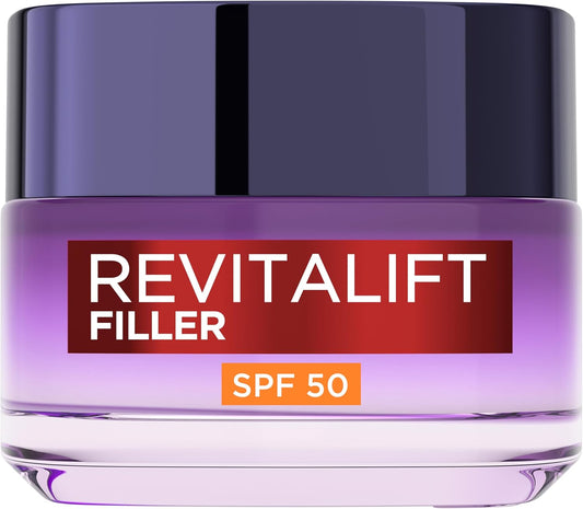 L’Oréal Paris SPF50 Cream Revitalift Filler Deep Replumping Anti-Ageing, UV Protection, Moisturising, Intensely Hydrates and Smooth Wrinkles with Macro, Micro and Micro-Epidermic Hyaluronic Acid, 50Ml