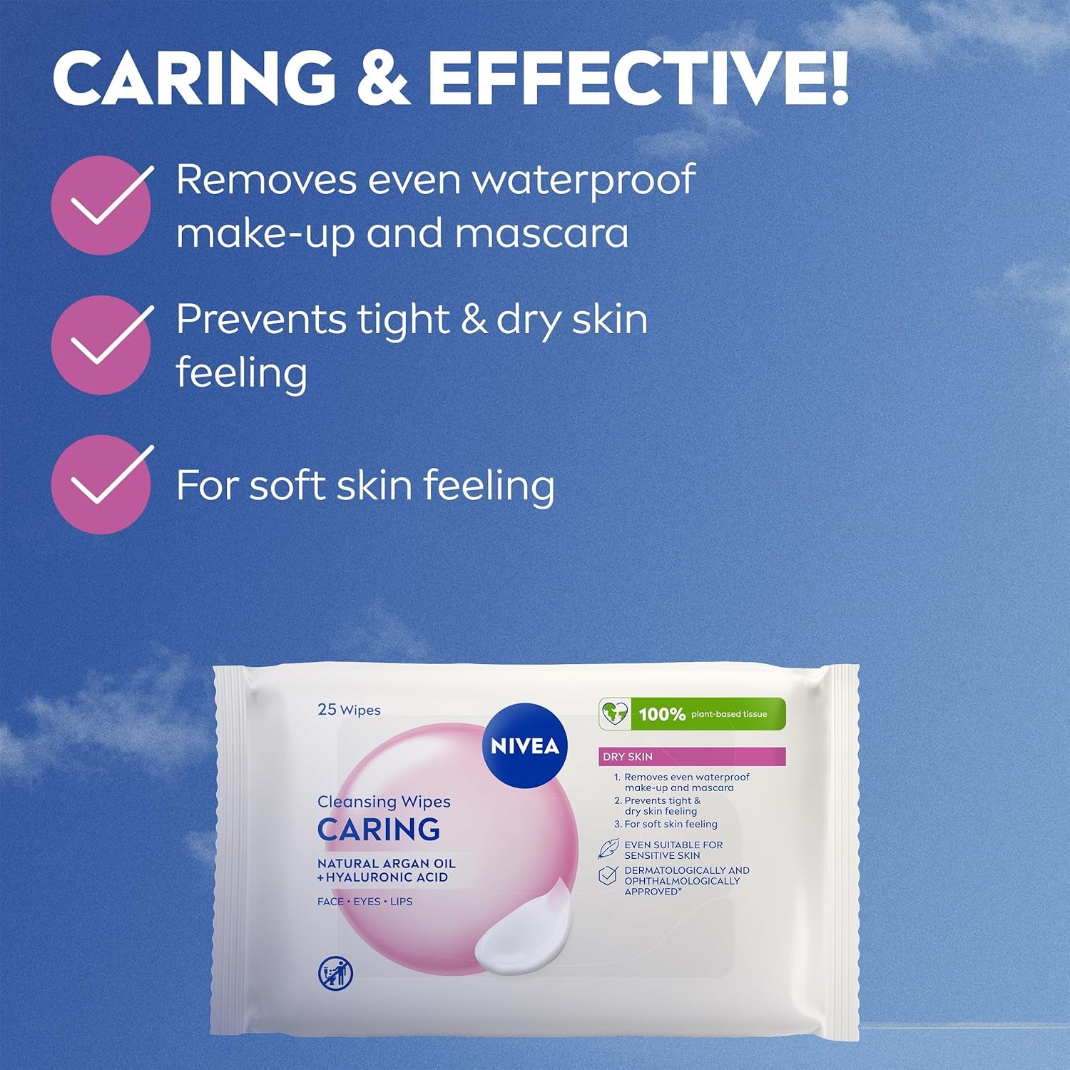 Caring 3-In-1 Cleansing Face Wipes for Dry Skin (25 Sheets), Nourishing Face Cleanser and Makeup Wipes for Gentle yet Effective Makeup Removal,Packaging May Vary
