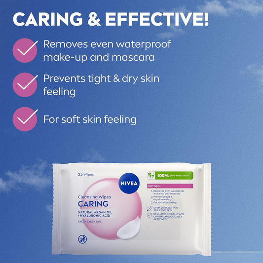 Caring 3-In-1 Cleansing Face Wipes for Dry Skin (25 Sheets), Nourishing Face Cleanser and Makeup Wipes for Gentle yet Effective Makeup Removal,Packaging May Vary