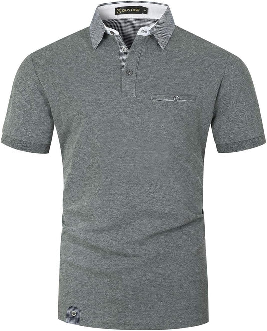 Men'S Short Sleeve Polo Shirts Classic Plaid Splice Golf Tennis T-Shirt