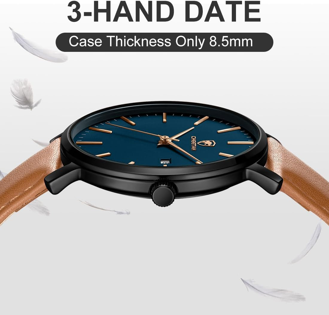 Minimalist Mens Watches, Analog Quartz Waterproof Fashion Watch for Men with Leather Strap, Auto Date Sports Man Wrist Watch