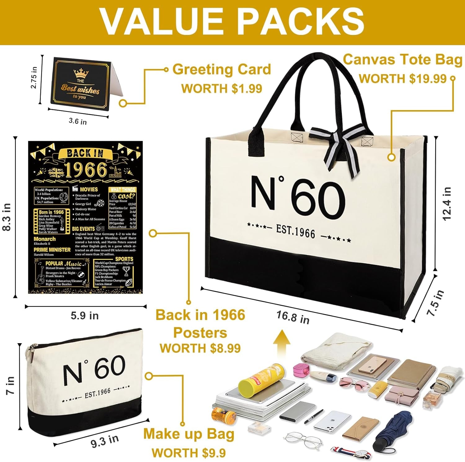 60Th Birthday Gifts for Women Canvas Tote Bag Travel Gear, Unique 60 Years Old Birthday Gifts for Her Mum Wife Aunt Friends, Vintage N60 Handbag & Cosmetic Bag & Back in 1966 Poster