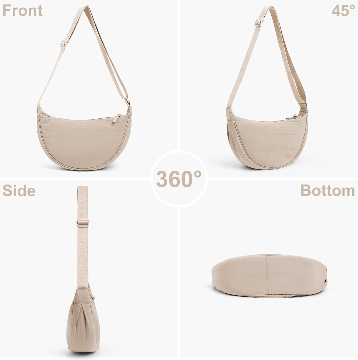 Crescent Bag for Women Men, Nylon Crescent Bags Hobos Crossbody Bag Portable Crescent Purse with Adjustable Strap Solid Color Chest Bag Shoulder Bag Fanny Packs, A02-Beige, 31Cm