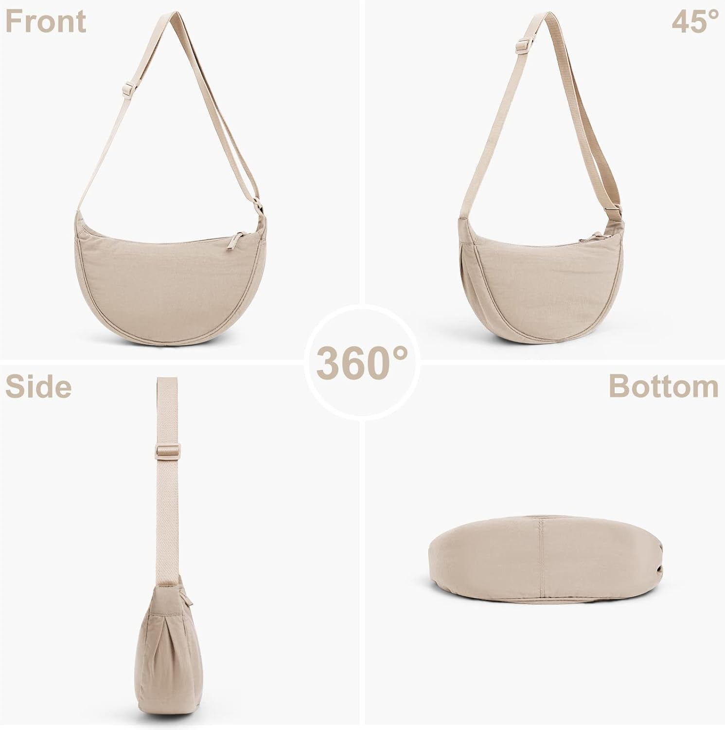 Crescent Bag for Women Men, Nylon Crescent Bags Hobos Crossbody Bag Portable Crescent Purse with Adjustable Strap Solid Color Chest Bag Shoulder Bag Fanny Packs, A02-Beige, 31Cm