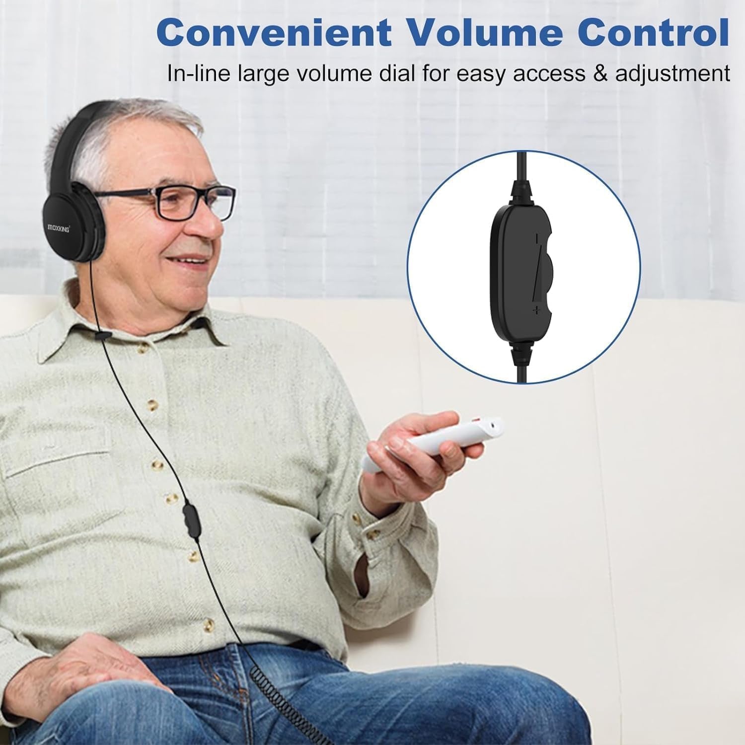 19.5Ft / 6M Extra Long Cord Headphones for TV PC with Volume Control, Spring Coiled Cable, 3.5Mm AUX, Wired over Ear Earphones for Seniors Hard of Hearing, Large Comfortable Computer Headset