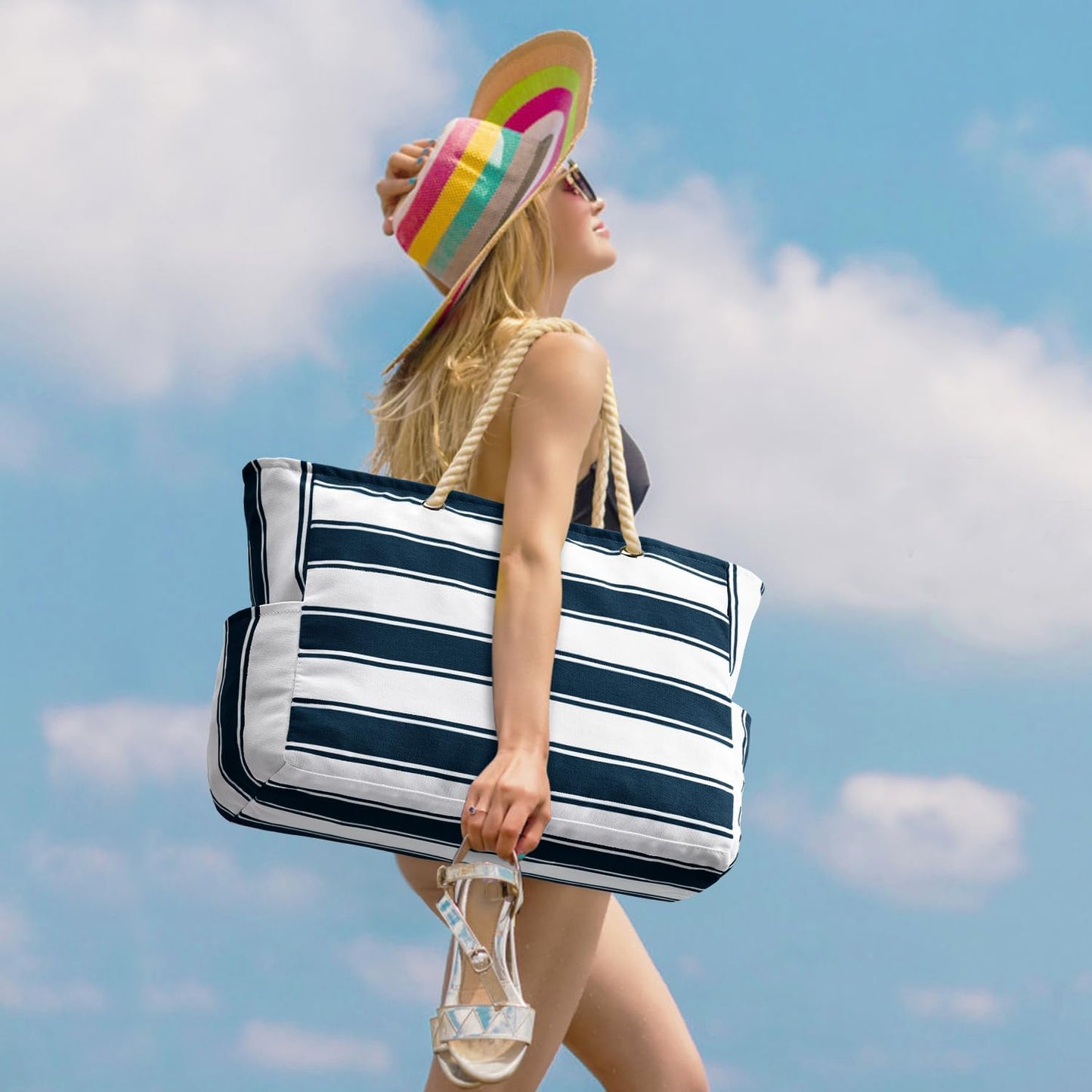 Beach Bag Large Waterproof Beach Tote Bags with Zip and Rope Handle Summer Holiday Essentials Shoulder Handbags for Travel Shopping Pool Gym Picnic