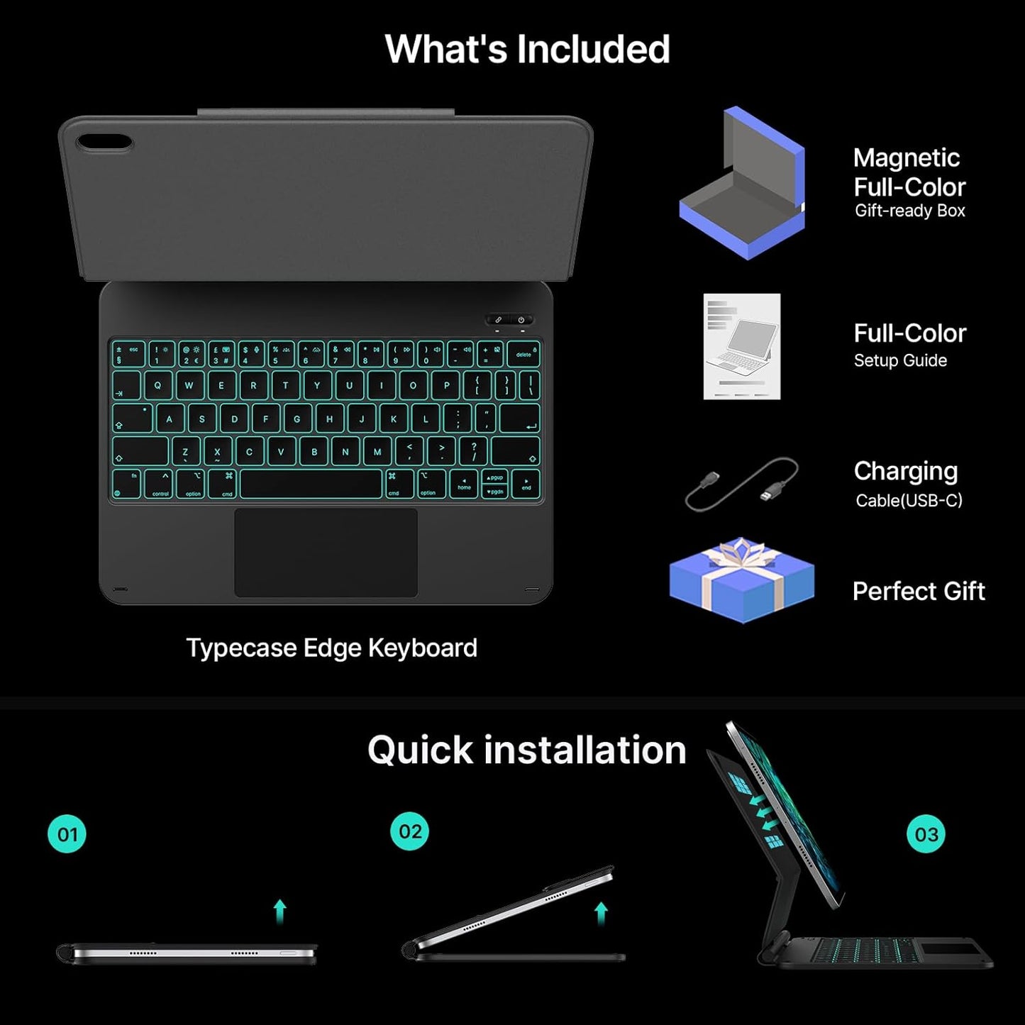 Edge Keyboard Case for Ipad 11Th Gen A16 (2025) & 10Th Gen 10.9" (2022) – Multi-Touch Trackpad, 11-Color Backlit Magic-Style Keyboard – Floating Magnetic Stand, Pencil Holder – Black