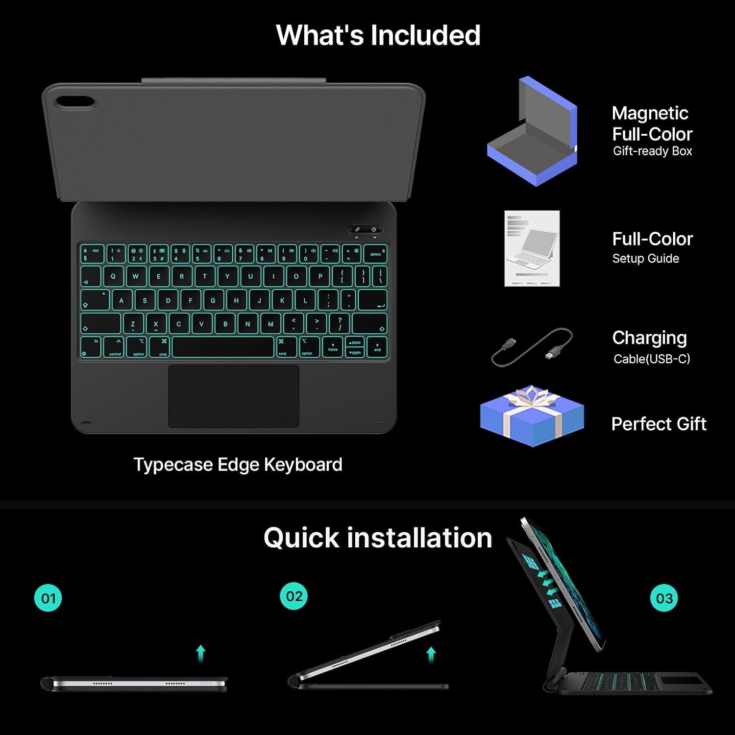 Edge Keyboard Case for Ipad 11Th Gen A16 (2025) & 10Th Gen 10.9" (2022) – Multi-Touch Trackpad, 11-Color Backlit Magic-Style Keyboard – Floating Magnetic Stand, Pencil Holder – Black