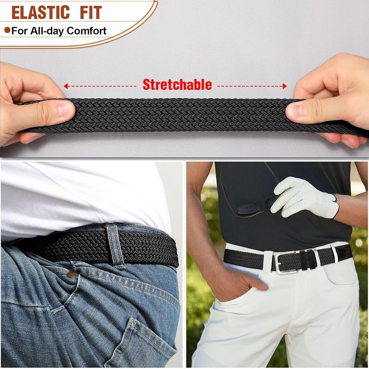 Mens Belt Elastic Belts for Men Stretch Braided Fabric Belts Casual Black Woven Golf Belt for Jeans