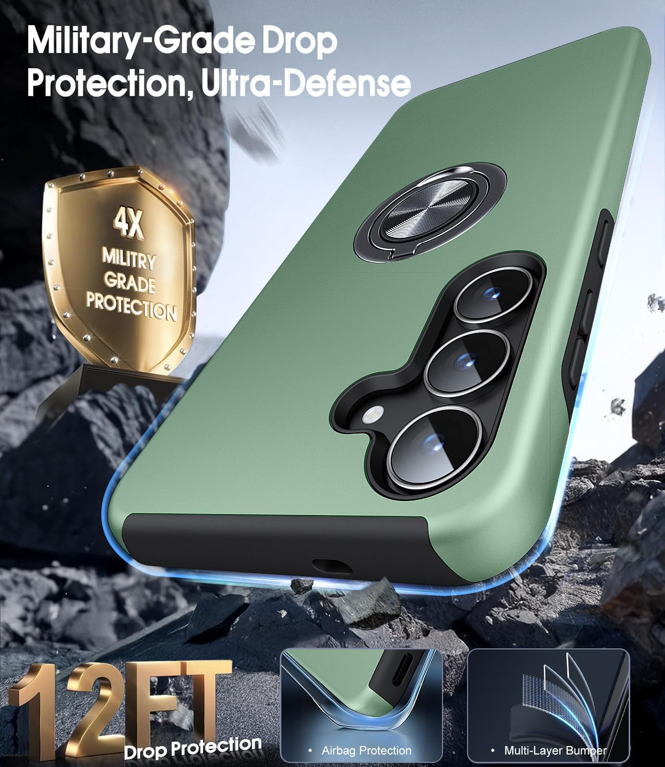 for Samsung Galaxy S25 FE Case with 2-Pack Screen Protector, 3-In-1 Set Cover, 360°Rotating Ring Stand, Military Protection, Shockproof Phone Case for Samsung S25 FE, Green