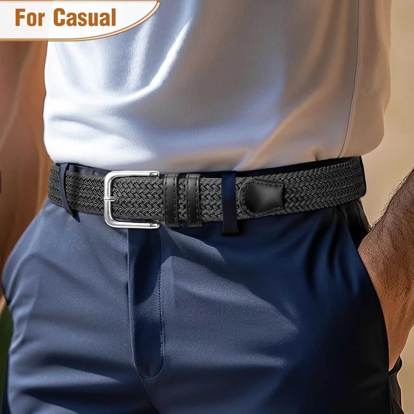 Mens Belt Elastic Belts for Men Stretch Braided Fabric Belts Casual Black Woven Golf Belt for Jeans