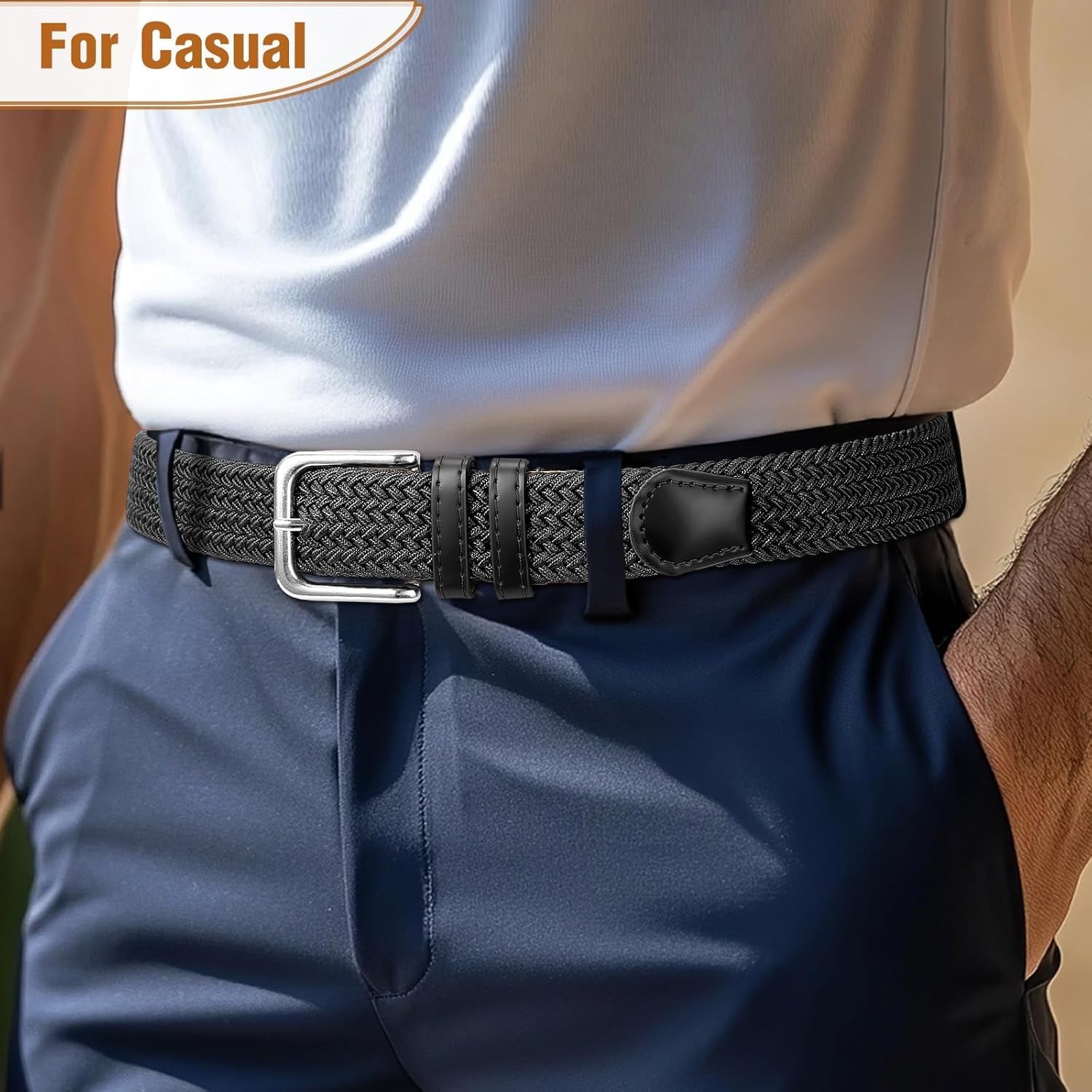 Mens Belt Elastic Belts for Men Stretch Braided Fabric Belts Casual Black Woven Golf Belt for Jeans