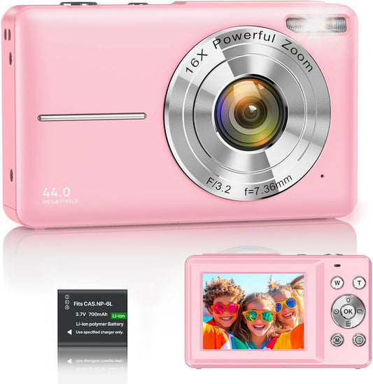 Digital Camera 1080P 44MP Vlogging Camera for Kids Teens, FHD Compact Portable Photo Camera with 2.4" Screen 16X Zoom, Anti-Shake Mini Camera for Beginners Students Boys Girls-Pink（No SD Card)