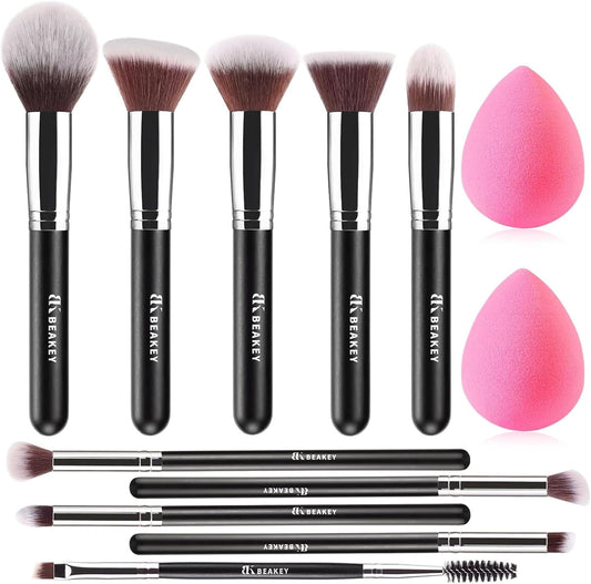 Diversity Makeup Brushes 12 Pcs Makeup Kit, Premium Synthetic Kabuki Foundation Face Powder Concealer Eyeshadow Blush Set, with 2 Pcs Blender Sponges (Black/Silver)