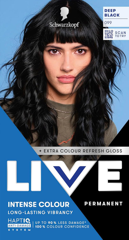 Schwarzkopf  Intense Colour 099 Deep Black, Long-Lasting Permanent Black Hair Dye, with Extra Colour Refresh Gloss