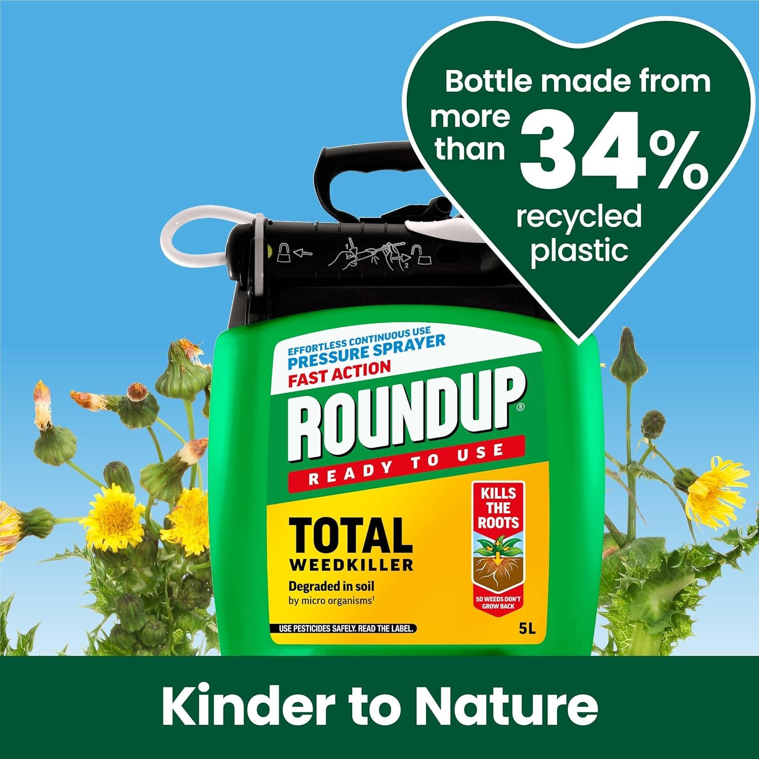 Fast Action Weedkiller Pump 'N Go Spray – 5L Ready-To-Use Glyphosate Formula – Kills Weeds & Roots with Visible Results in 1-2 Days – Refillable Pressure Sprayer with Extendable Lance