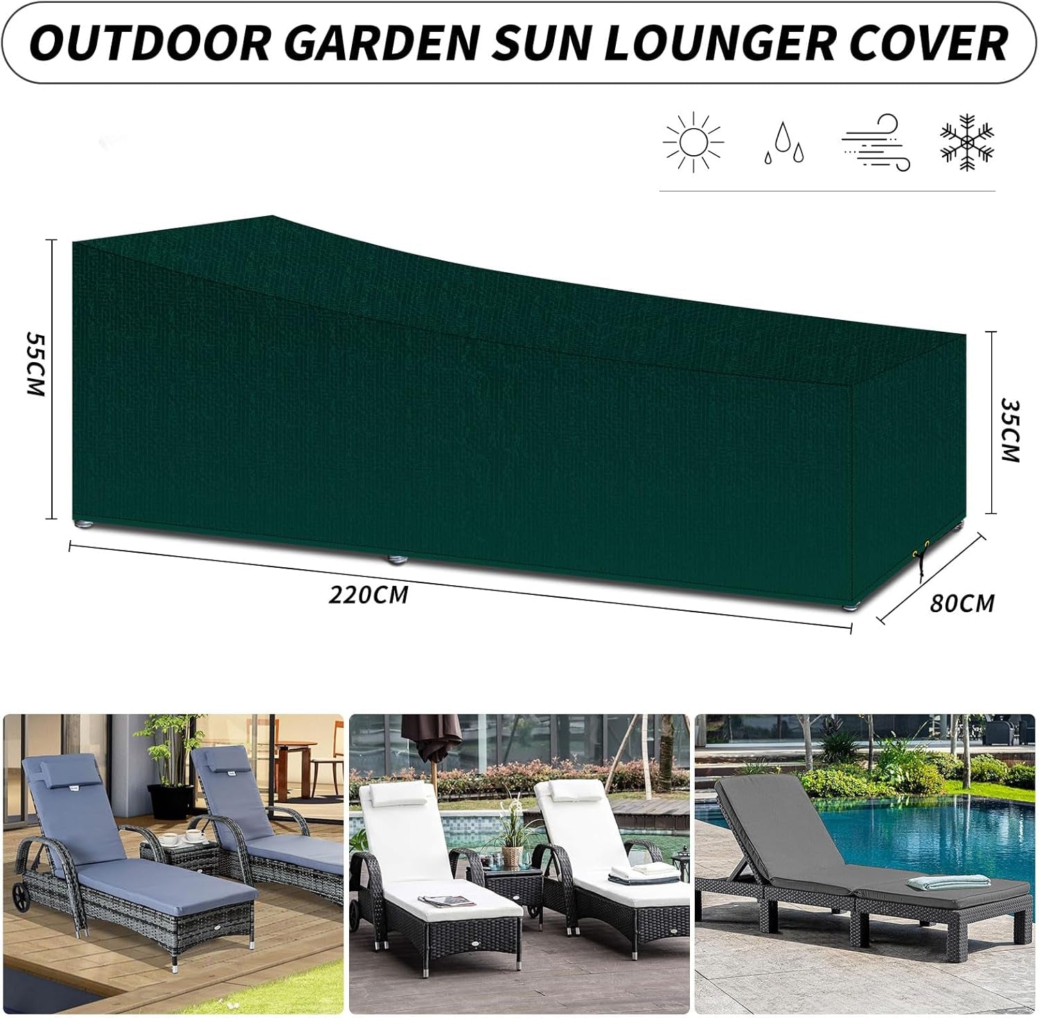 Sun Lounger Covers Waterproof, Polyethylene Fabric Material Lounger Chair Cover Outdoor Garden Sunbed Cover Windproof Anti-Uv 220X80X35/55Cm Green