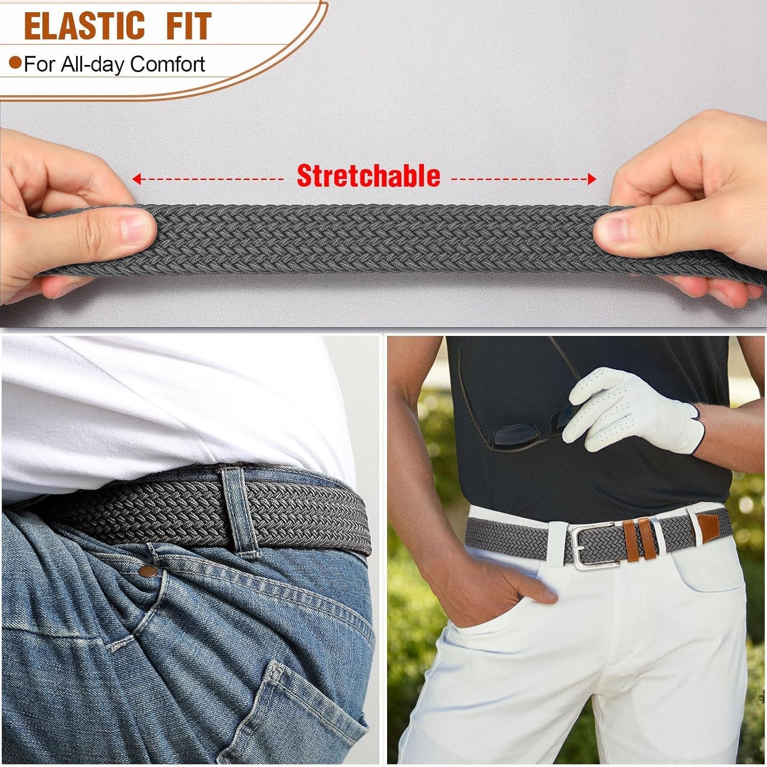 Mens Belt Elastic Belts for Men Stretch Braided Fabric Belts Casual Black Woven Golf Belt for Jeans