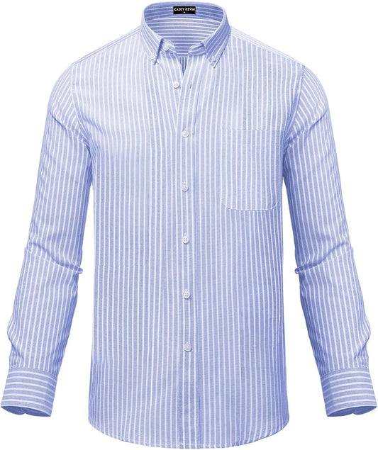 Men'S Long Sleeve Oxford Shirts Casual Business Classic Striped Shirt 100% Cotton Non Iron Button down Shirt with Pocket