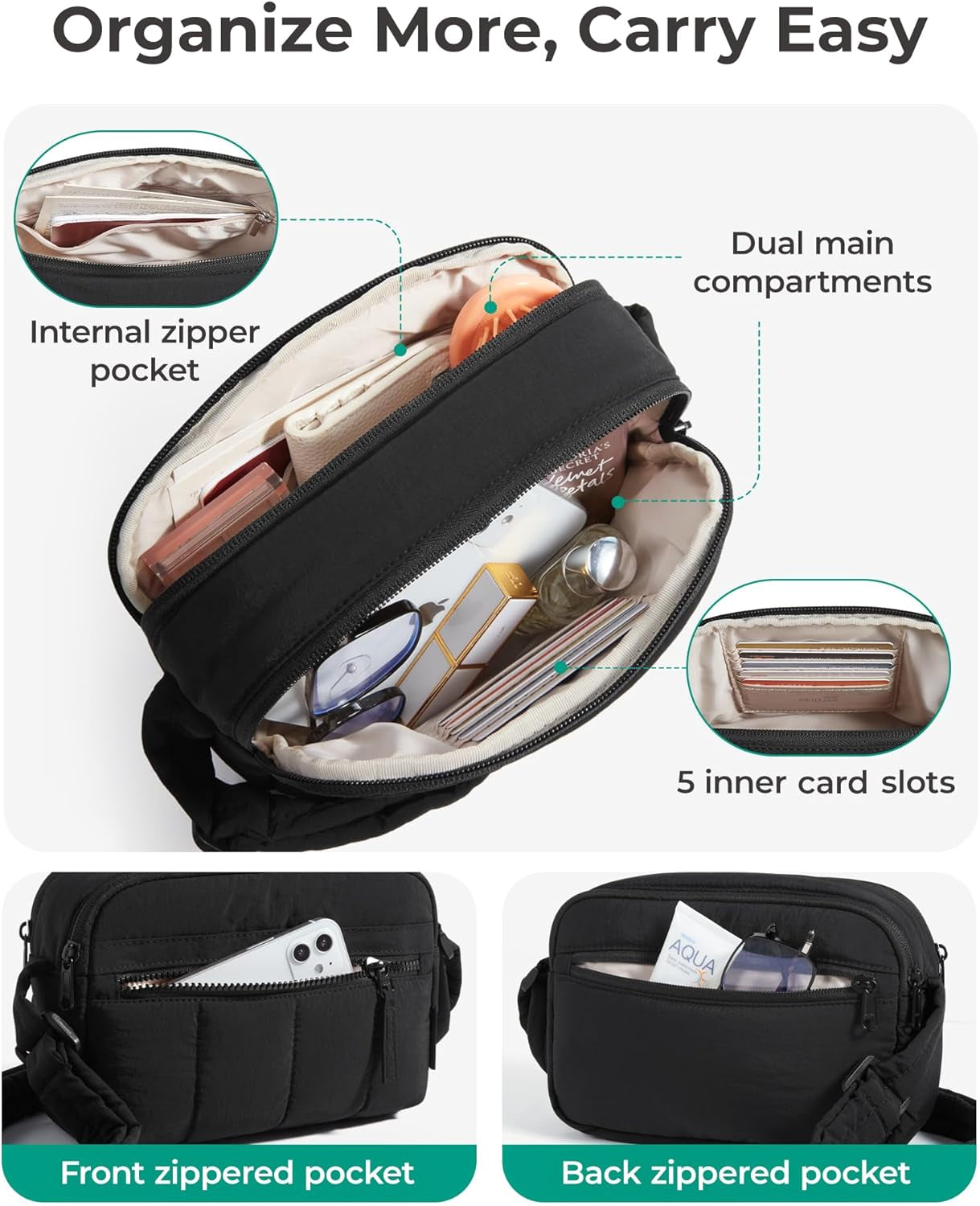 Crossbody Bag for Women Trave Crossbody Purse Puffy Quilted Shoulder Handbag with RFID Blocking Slots for Daily Use, Hiking, Shopping