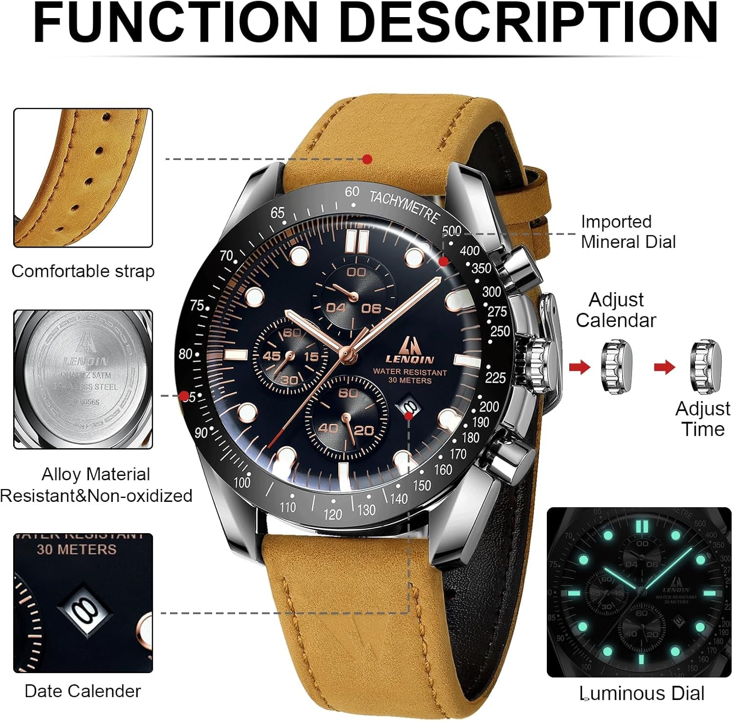 Mens Watches Analog Quartz Watches for Men 30M Waterproof Men'S Wrist Watch with Date Leather Band No Chronograph
