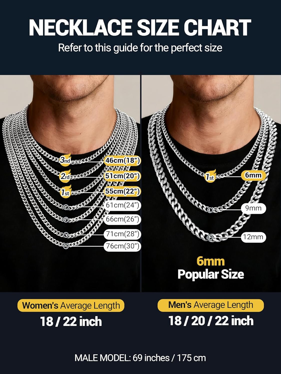 Men Cuban Chain Necklace with Sturdy Clasp 6/9/12Mm Width 18-30 Inch Length Chunky Necklace Silver/Gold Plated/Black 316L Stainless Steel Hip Hop Jewellery (Send Box)