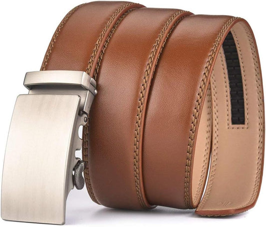 Men'S Belt, Leather Ratchet Belt for Men with Slide Buckle,Trim to Fit Width 3.5Cm 1 3/8 Inch