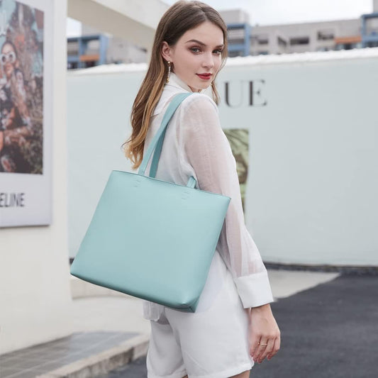 Ladies Tote Bags Simple PU Leather Handbags Work School Shopping Bags for Women with Zip and Inner Pocket