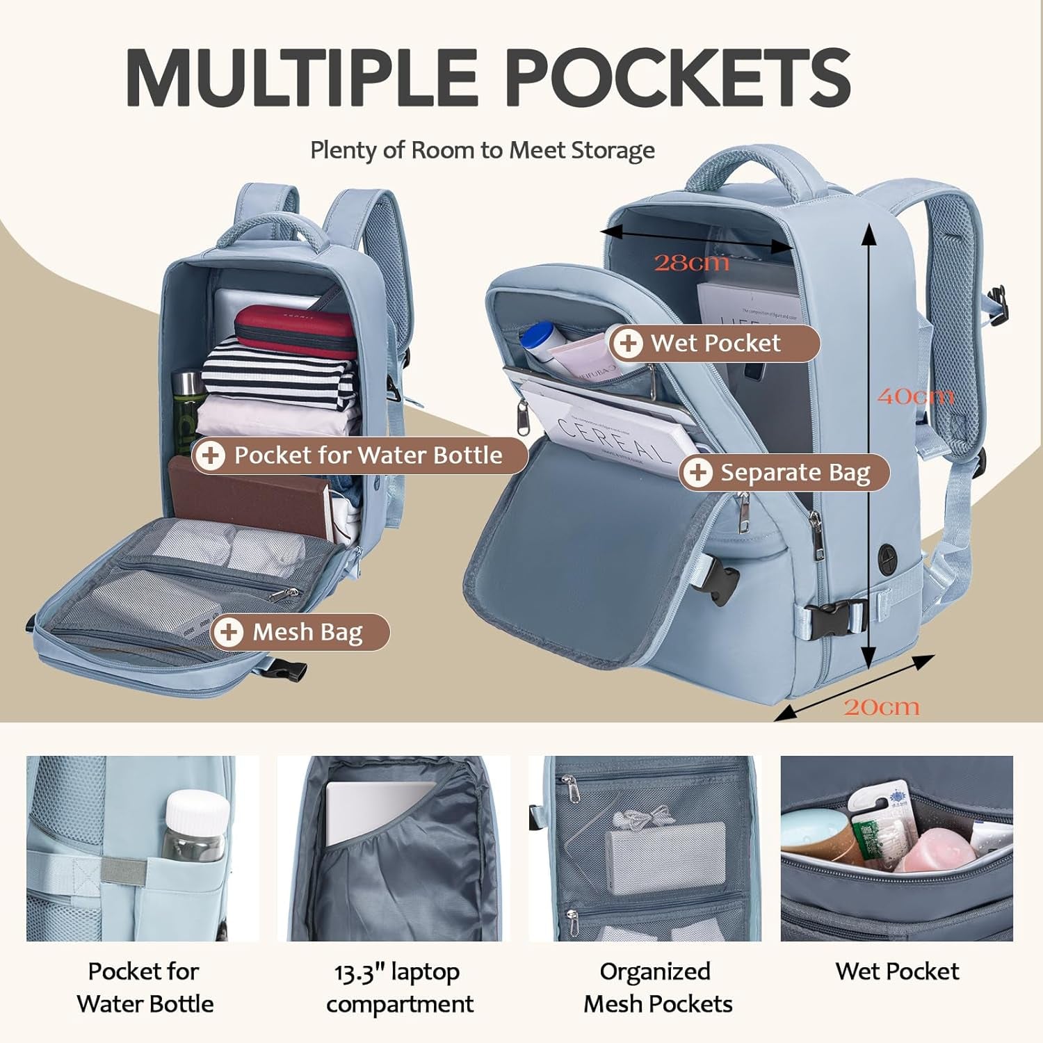 for Ryanair Cabin Bags 40X30X20, Travel Backpack Womens Underseat Cabin Bag Small Hand Luggage Bag Carry-Ons Backpack Flight Bag with Bottle Holder