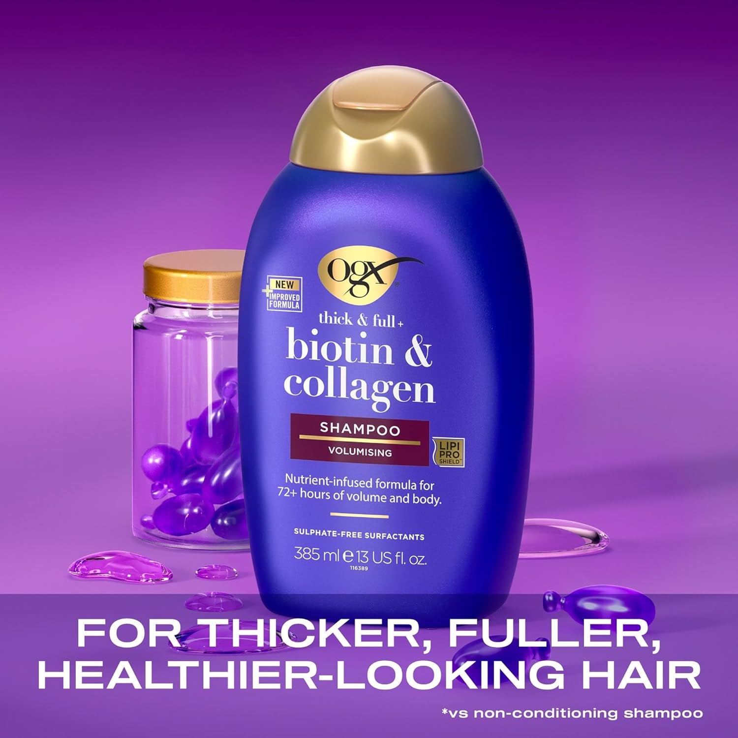 Biotin and Collagen Volumising Hair Shampoo, Thick and Full, with Vitamin B7 Biotin, and Collagen, for Fine Hair, Sulfate Free Surfactants, 385Ml