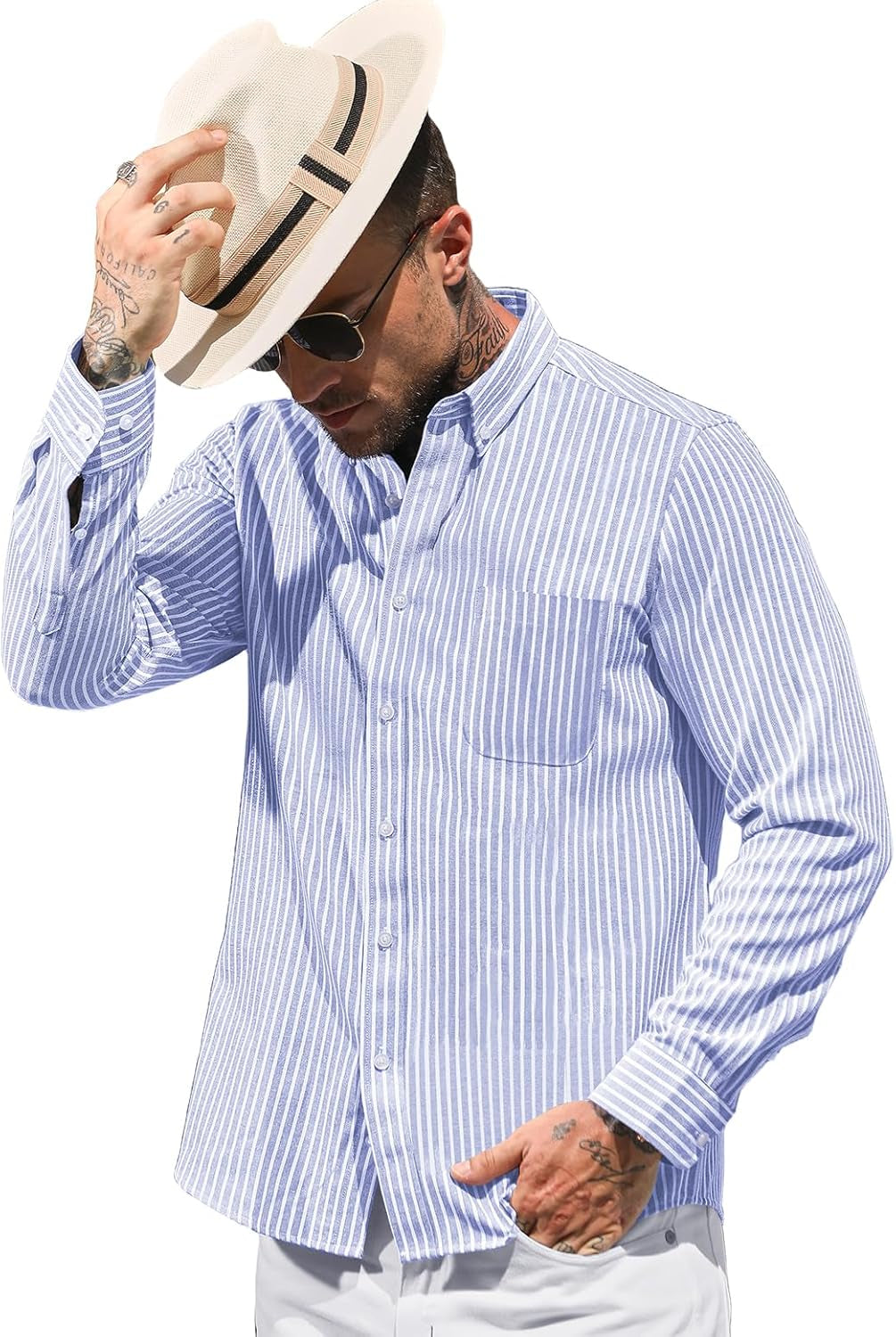 Men'S Long Sleeve Oxford Shirts Casual Business Classic Striped Shirt 100% Cotton Non Iron Button down Shirt with Pocket