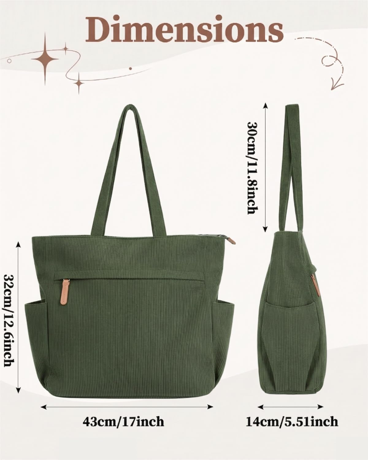 Corduroy Tote Bags for Women Large Tote Bag with Zipper Shoulder Bags Handbags for College School Work Shopping Travel