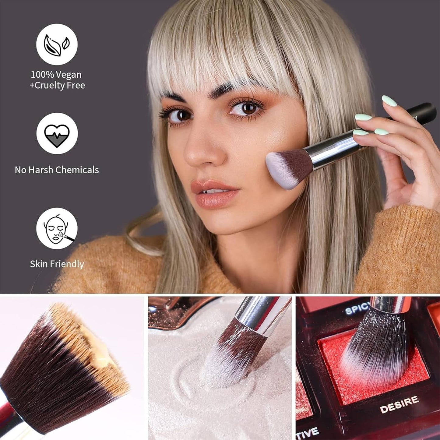 Diversity Makeup Brushes 12 Pcs Makeup Kit, Premium Synthetic Kabuki Foundation Face Powder Concealer Eyeshadow Blush Set, with 2 Pcs Blender Sponges (Black/Silver)